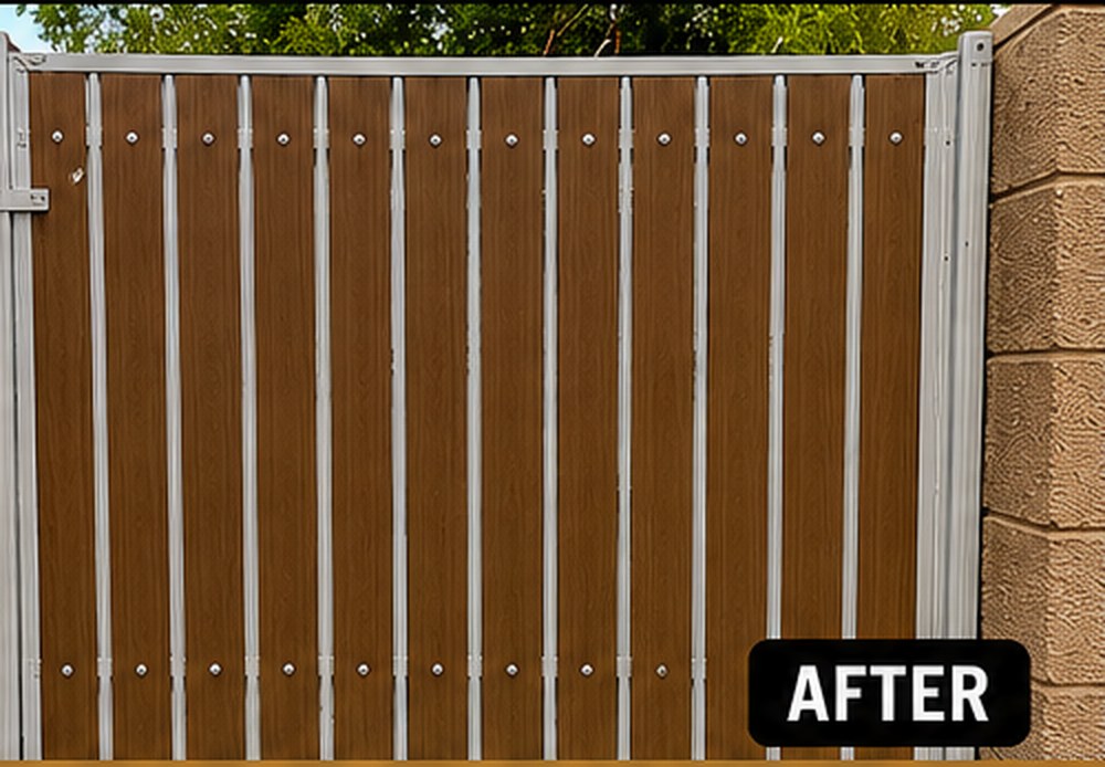 Same gate after upgrade — new brown composite slats with steel frame