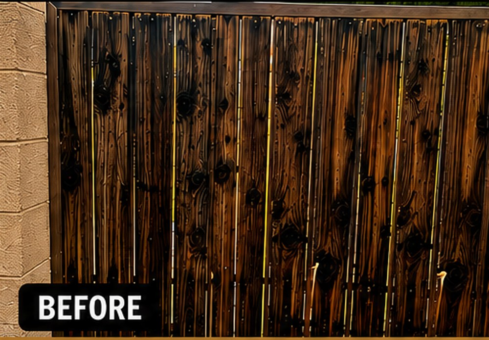 Worn wooden gate before replacement — cracked and weathered slats